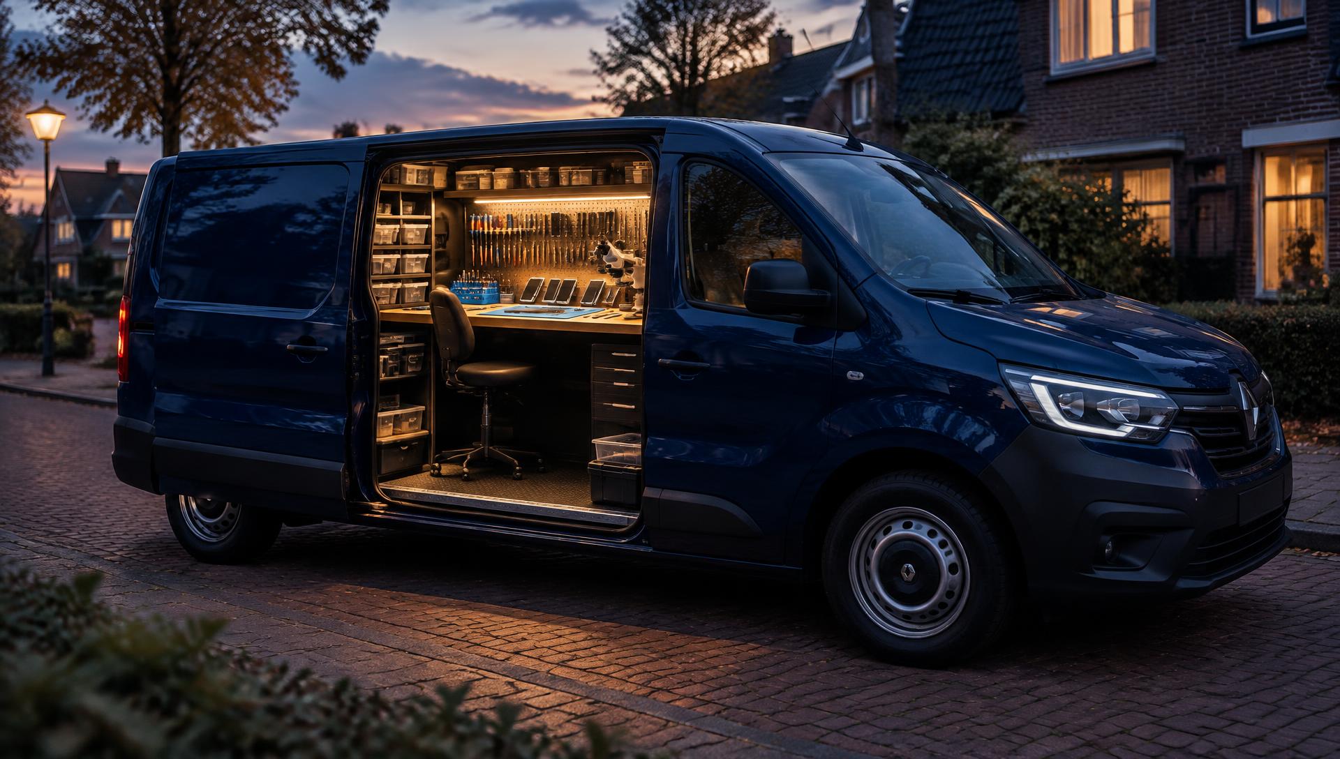 De donkerblauwe bus van Telefoonhelden als mobiele reparatiewerkplaats, 's avonds in een Almeerse woonwijk